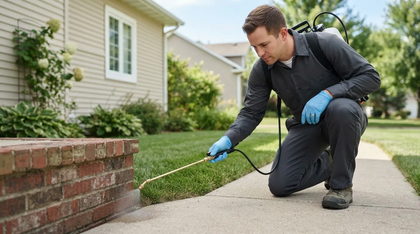 Pest control technician treating a home near Lanark Village, FL