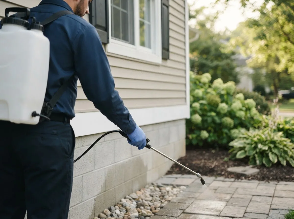 Pest control technician inspecting a home in Lanark Village, FL
